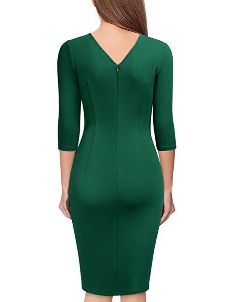 Women’s V-Neck Pleated Bodycon Dress
