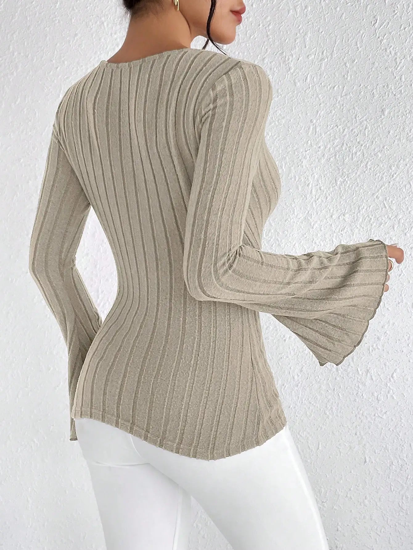 Sexy V-Neck Striped Knit Top – Women's Slim Fit Long-Sleeve Shirt for Fall & Winter