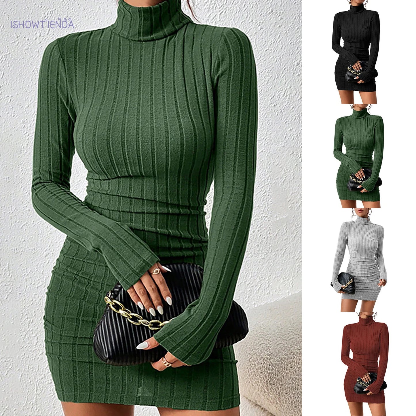 Elegant Turtleneck Knitted Bodycon Dress – Autumn Winter Sheath Mini Dress for Women