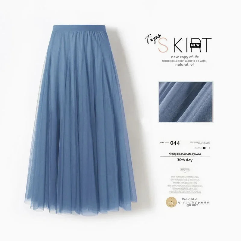 Elegant High-Waisted Pleated Mesh Skirt – Women's Chic A-Line Long Dance Skirt