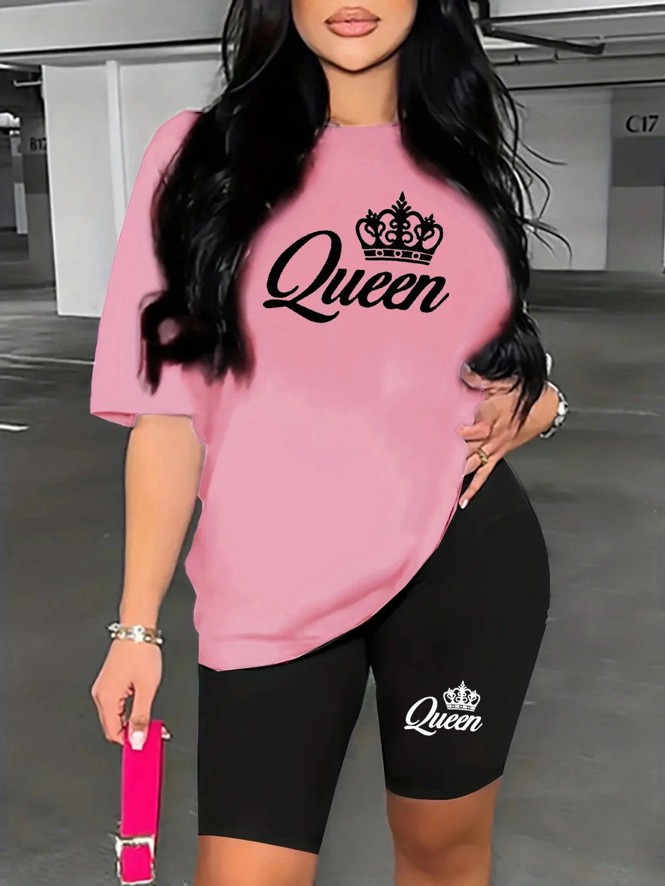 Women’s Queen Print Loose Round Neck T-Shirt & Shorts Set