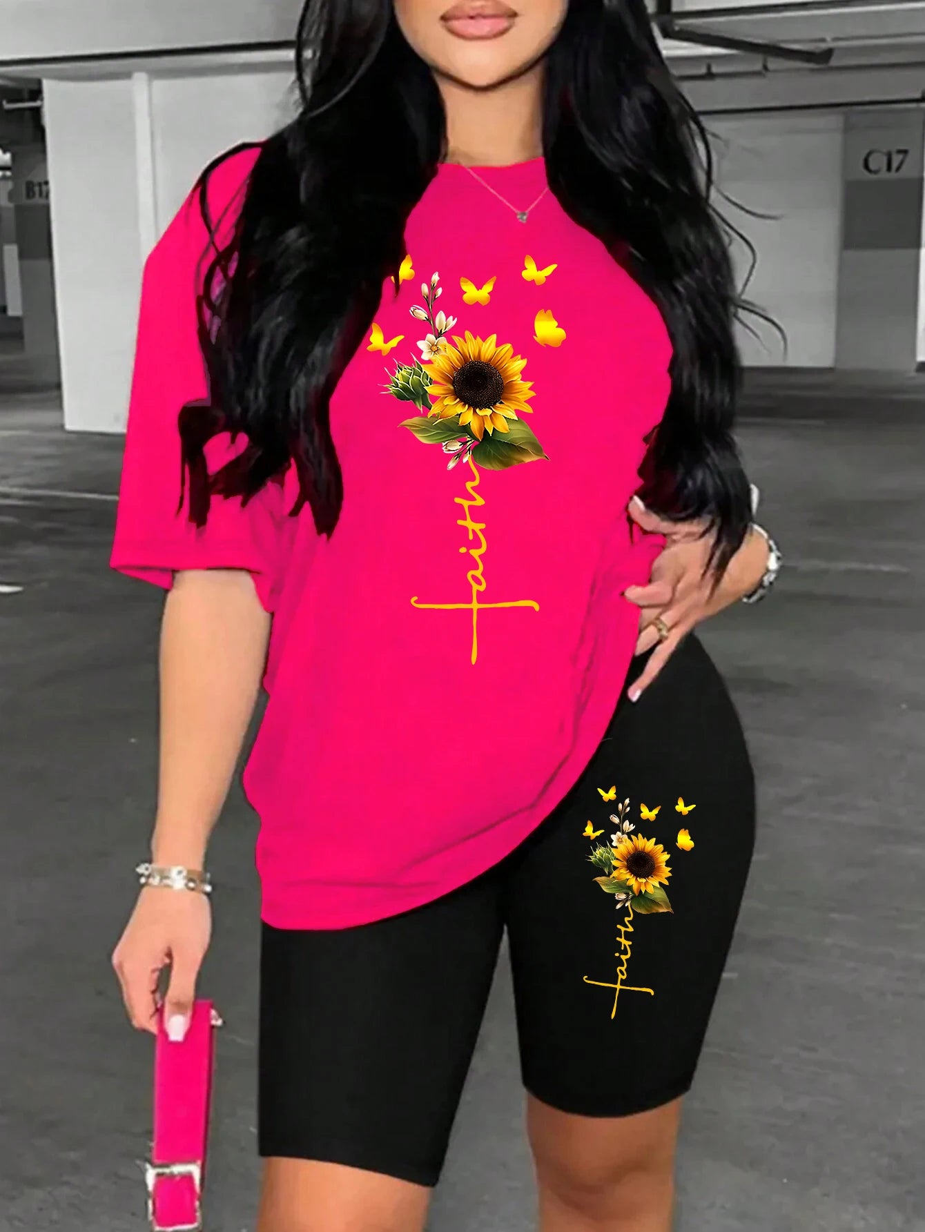 Sunflower Butterfly Two-Piece Set – Printed Tee & Shorts
