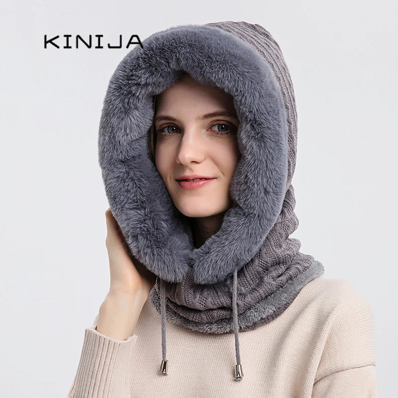 Winter Fur Beanie Mask Set - Women's Hooded Cashmere Balaclava & Neck Warmer for Skiing