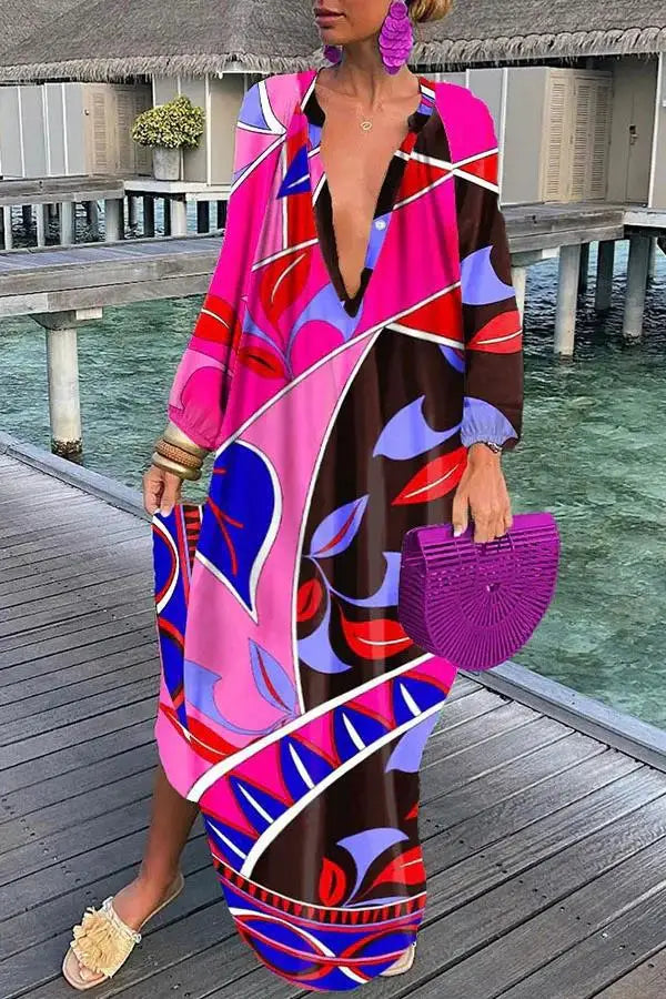 Bohemian Deep V-Neck Maxi Dress – Lantern Sleeve Vintage Beach Cover-Up for Women