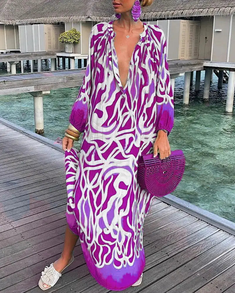 Bohemian Deep V-Neck Maxi Dress – Lantern Sleeve Vintage Beach Cover-Up for Women