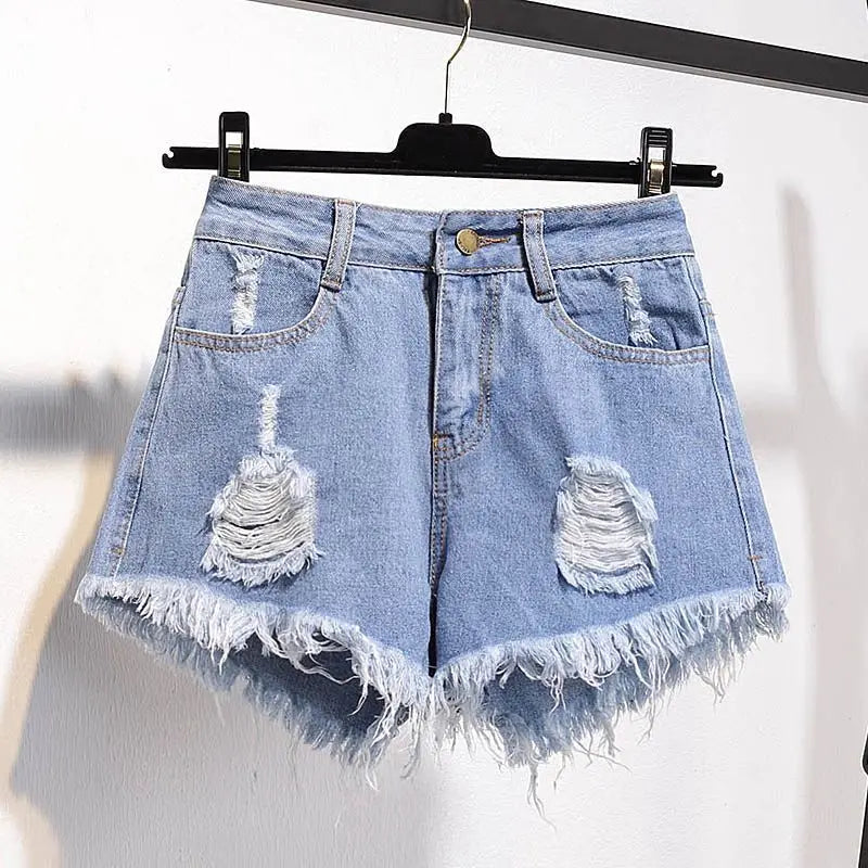 High-Waist Ruffled Denim Shorts – Loose A-Line Fit