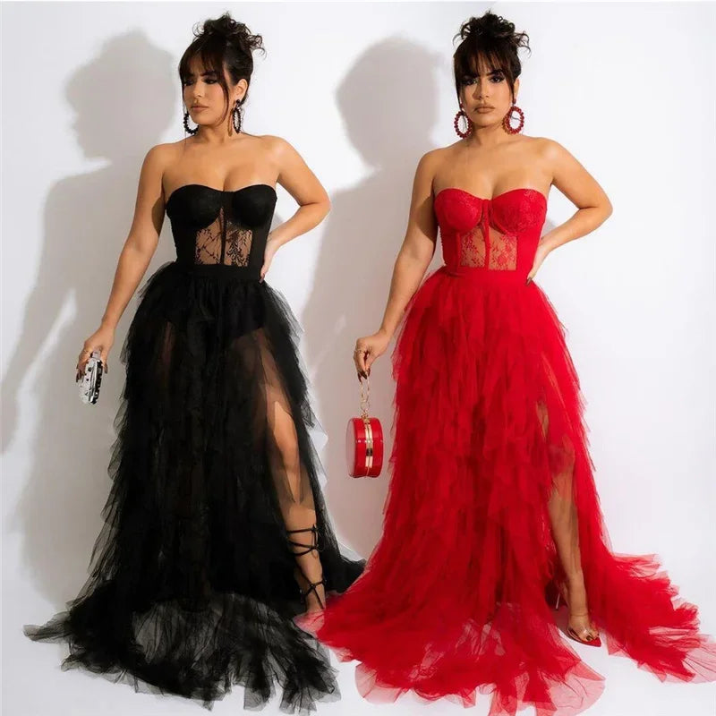 Sexy Tulle Ruffle Evening Gown – Off Shoulder Strapless Lace Maxi Ball Dress for Women