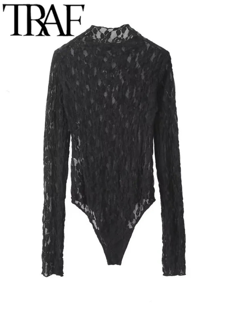 Sexy Sheer Lace Bodysuit – Women's Slim Fit Mock Neck Long-Sleeve Playsuit for Spring 2024