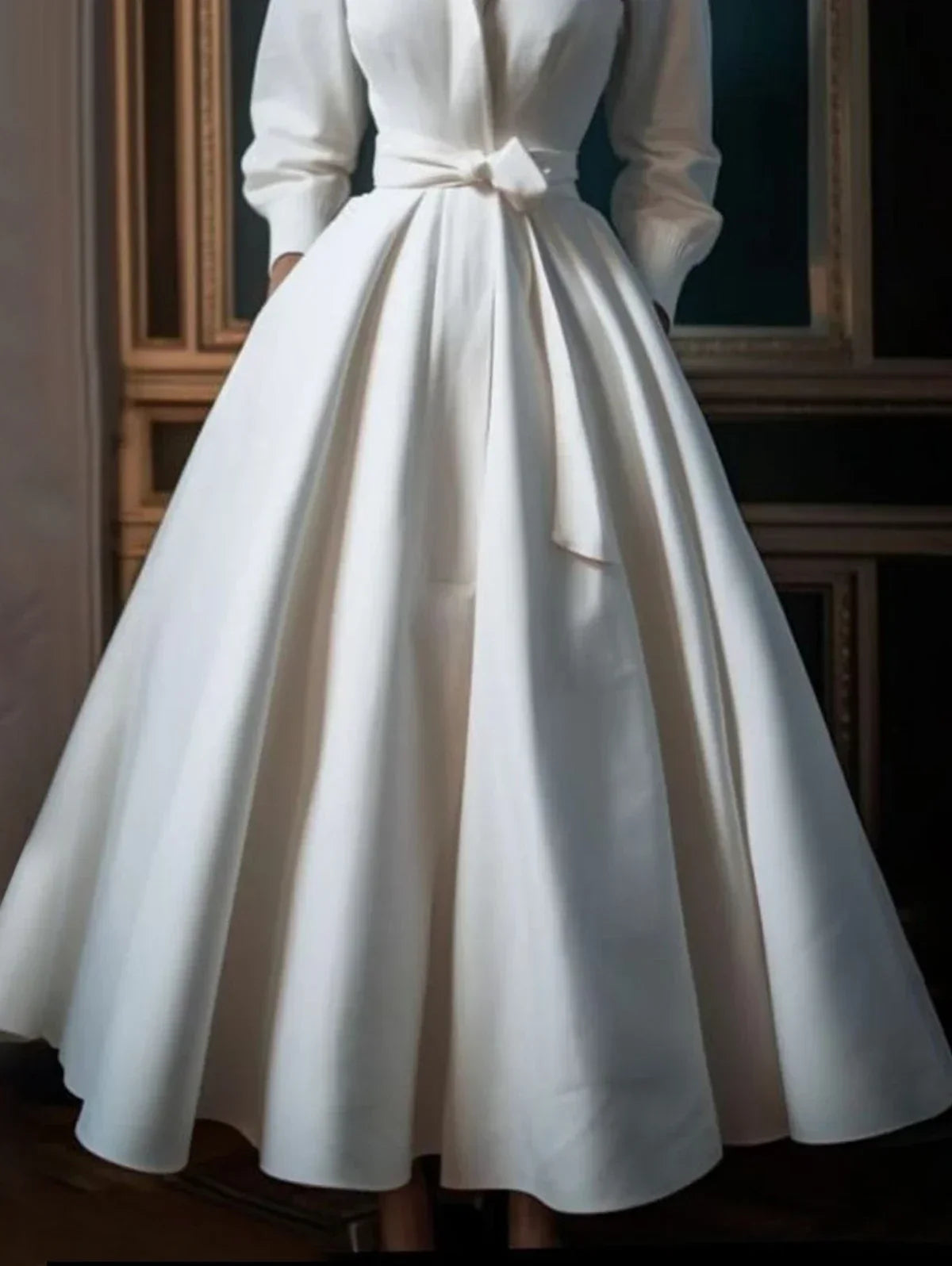 Elegant White Shirt Dress – Long Sleeve Pleated A-Line Wedding Guest Dress with Belt 2024