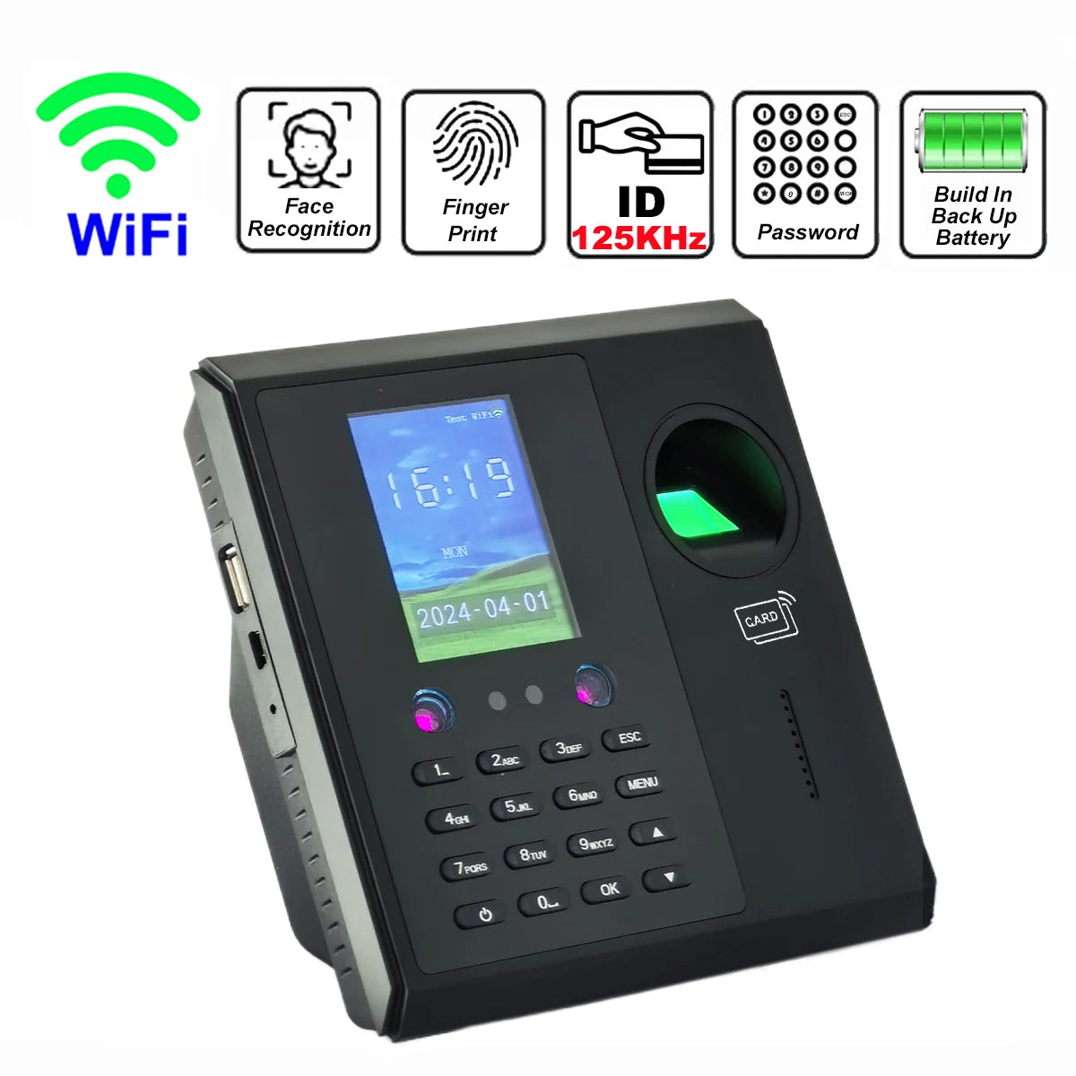 WiFi Facial & Fingerprint Time Attendance System | 2000mAh Battery | Employee Time Clock Management