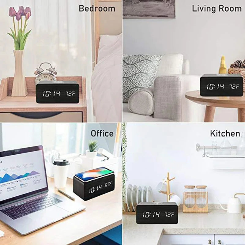 Wooden LED Digital Alarm Clock with Wireless Charging, Displaying Time, Date & Temperature – Multifunctional Desk & Bedside Clock