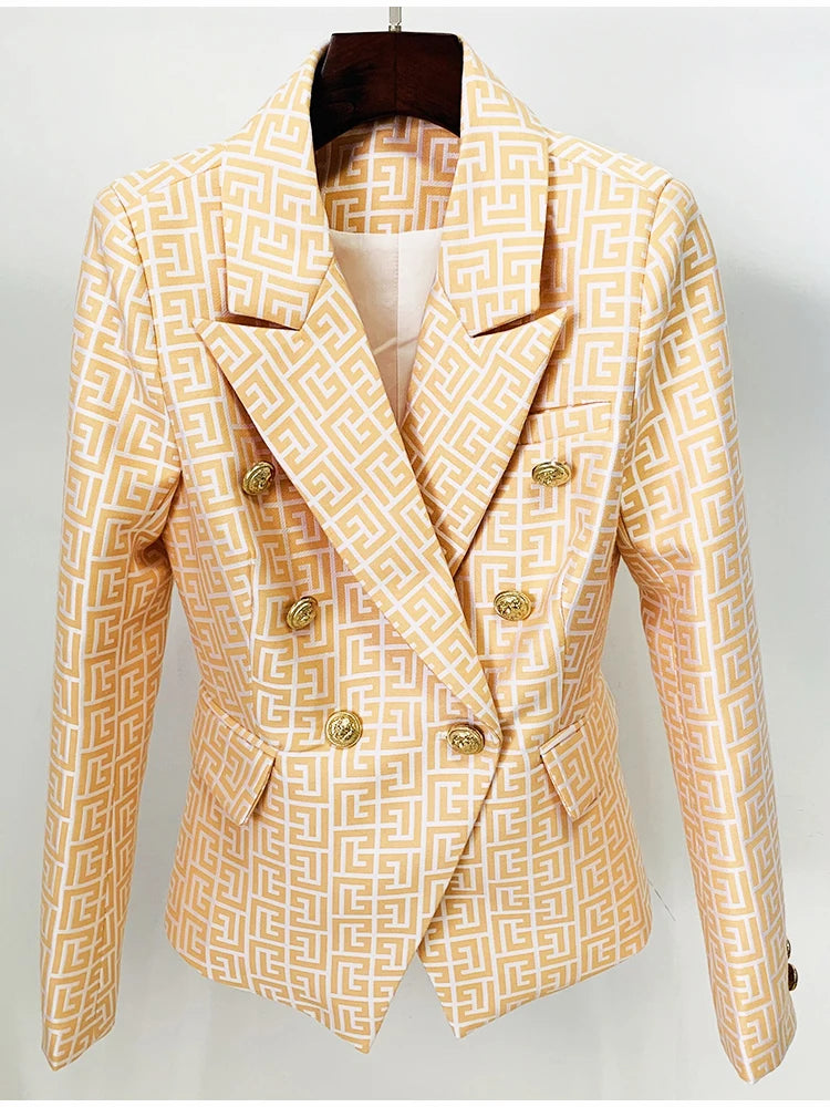 2024 High Street Women's Double Breasted Lion Button Jacquard Blazer