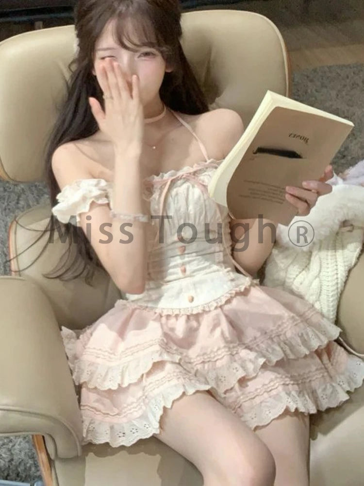 Kawaii Vintage Lace-Up 2-Piece Set – Women's Y2K Princess Mini Skirt Suit for Summer 2024