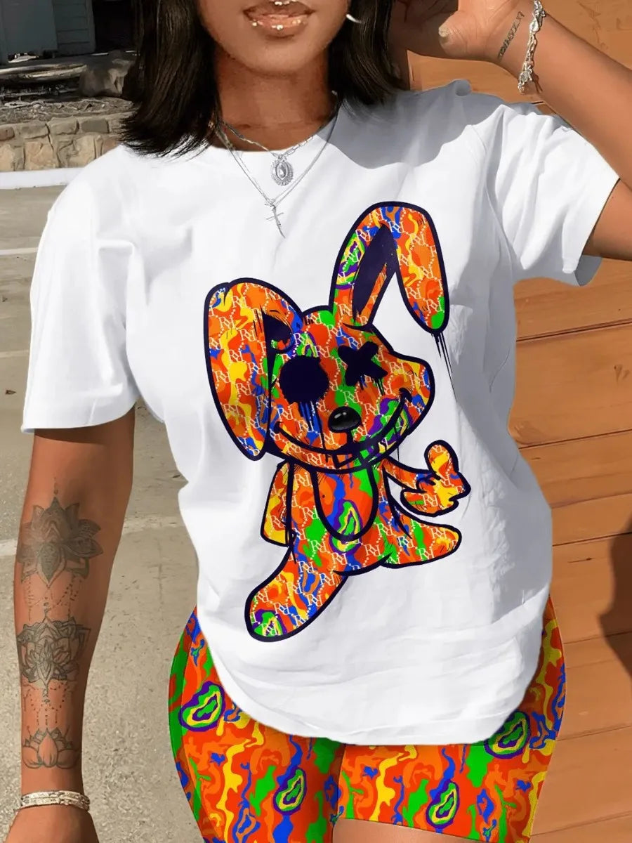 2023 Women's Casual O-neck Cartoon Print T-Shirt & Shorts Set