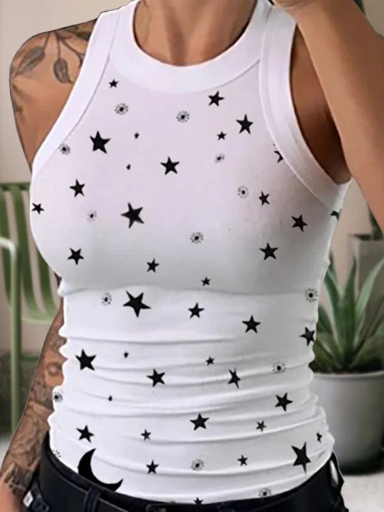 Women's Star Print Sleeveless Tank Top – Casual Summer Crew Neck Vest