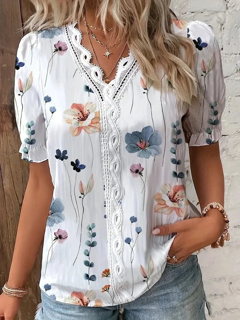 Elegant V-Neck Hollow-Out Blouse – Women's Striped Jacquard Summer Top for Casual & Vacation Wear
