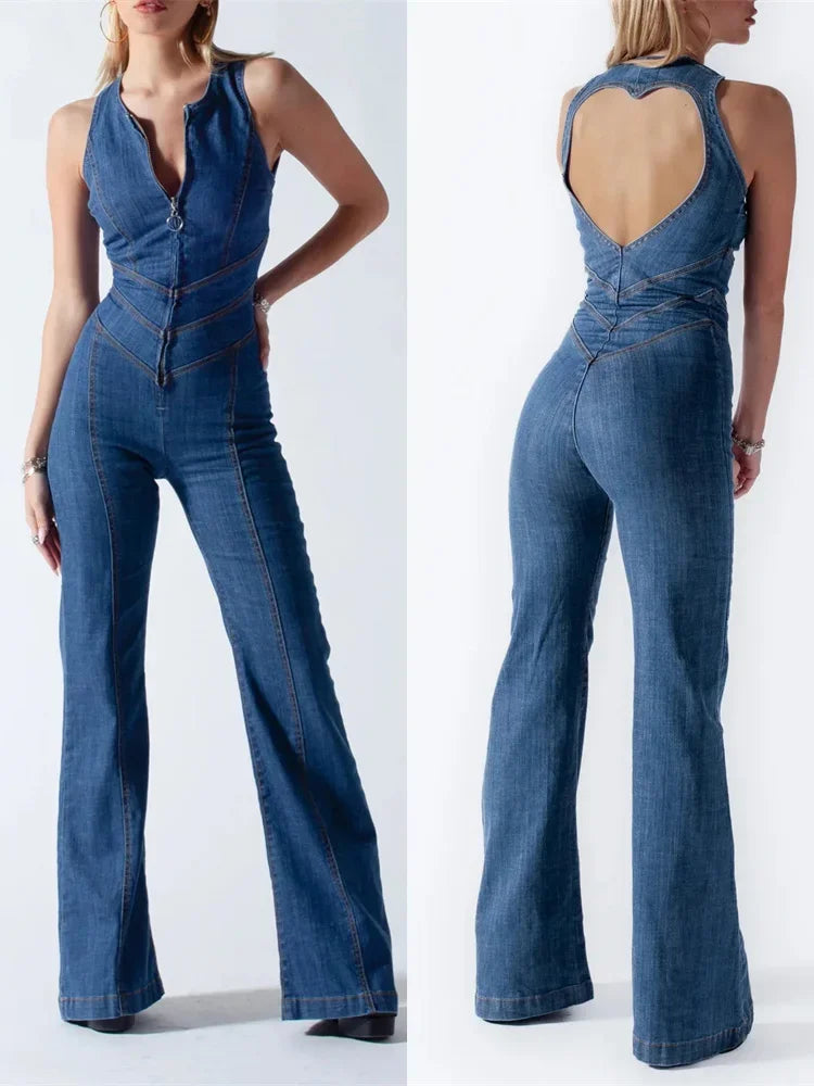 TARUXY Backless Heart Cutout Denim Bodycon Jumpsuit