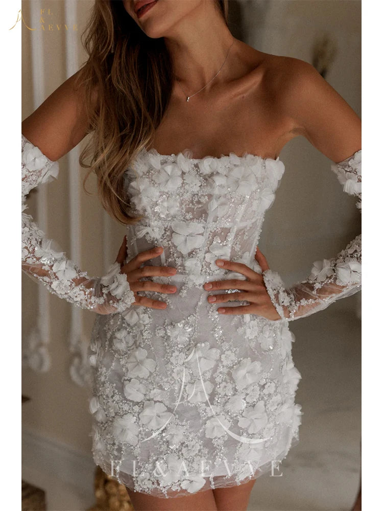 Luxury Beaded Short Wedding Dress – Lace Floral Appliques Long Sleeve Bridal Gown