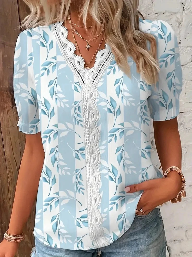Elegant V-Neck Hollow-Out Blouse – Women's Striped Jacquard Summer Top for Casual & Vacation Wear