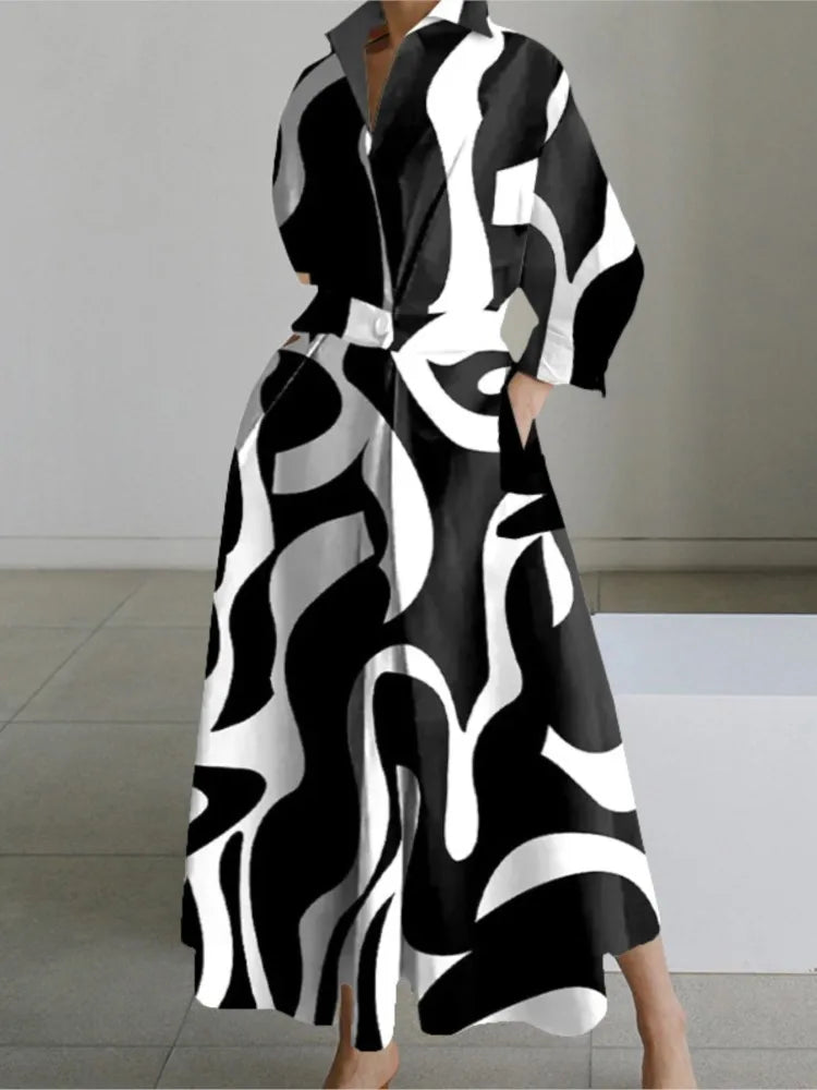 Autumn Long Sleeve Dot Print Maxi Dress – Elegant V-Neck Shirt Party Dress for Women