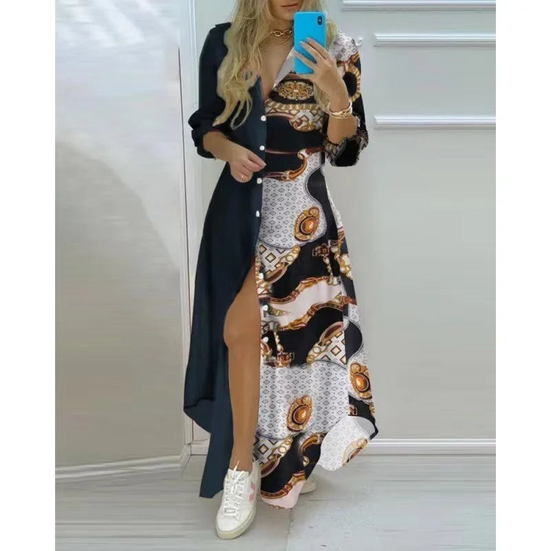 Boho Printed Long Shirt Dress – Turn-Down Collar Long Sleeve Maxi Dress for Women
