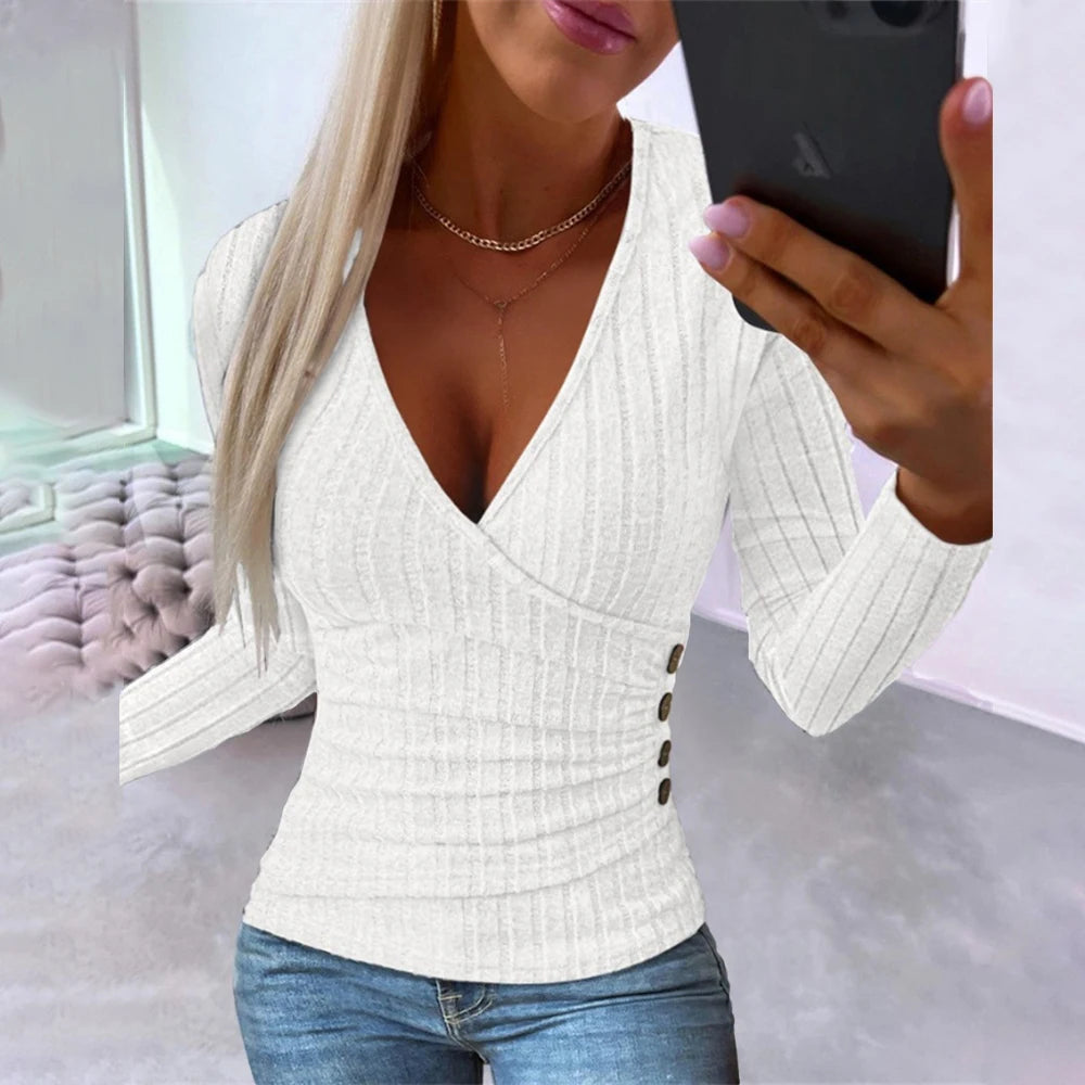 Ribbed V-Neck Wrap Top – Slim Fit, Long Sleeve