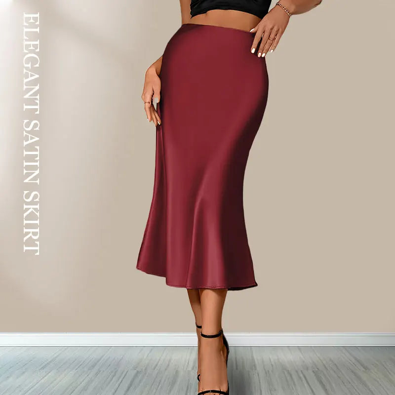 Elegant High-Waist Satin Skirt – Women's Korean Style A-Line Pencil Skirt for Office & Casual Wear