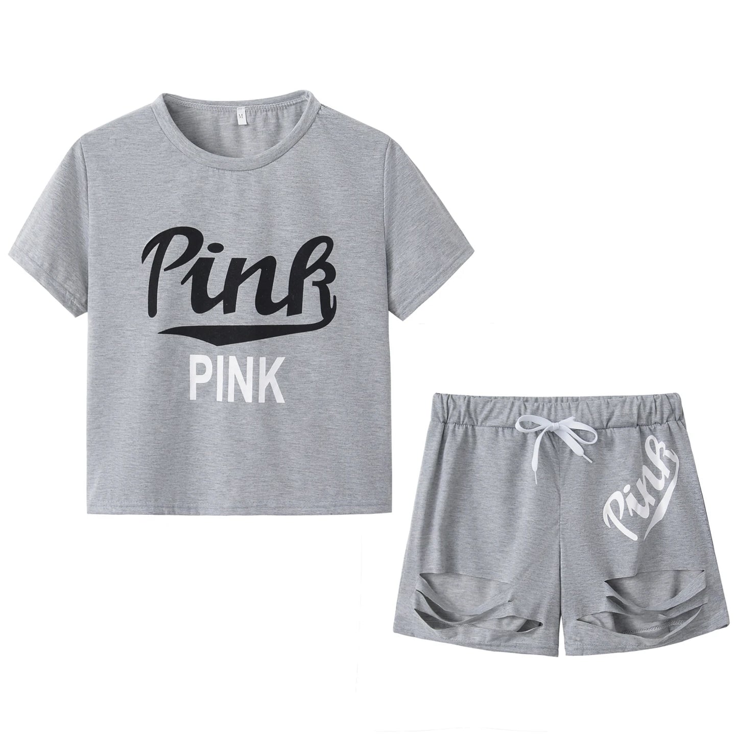 Hot Selling European & American Women's Summer Pink Letter Print Shorts Set