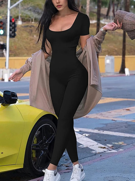 Solid Bodycon Romper – Short Sleeve, Skinny Fit