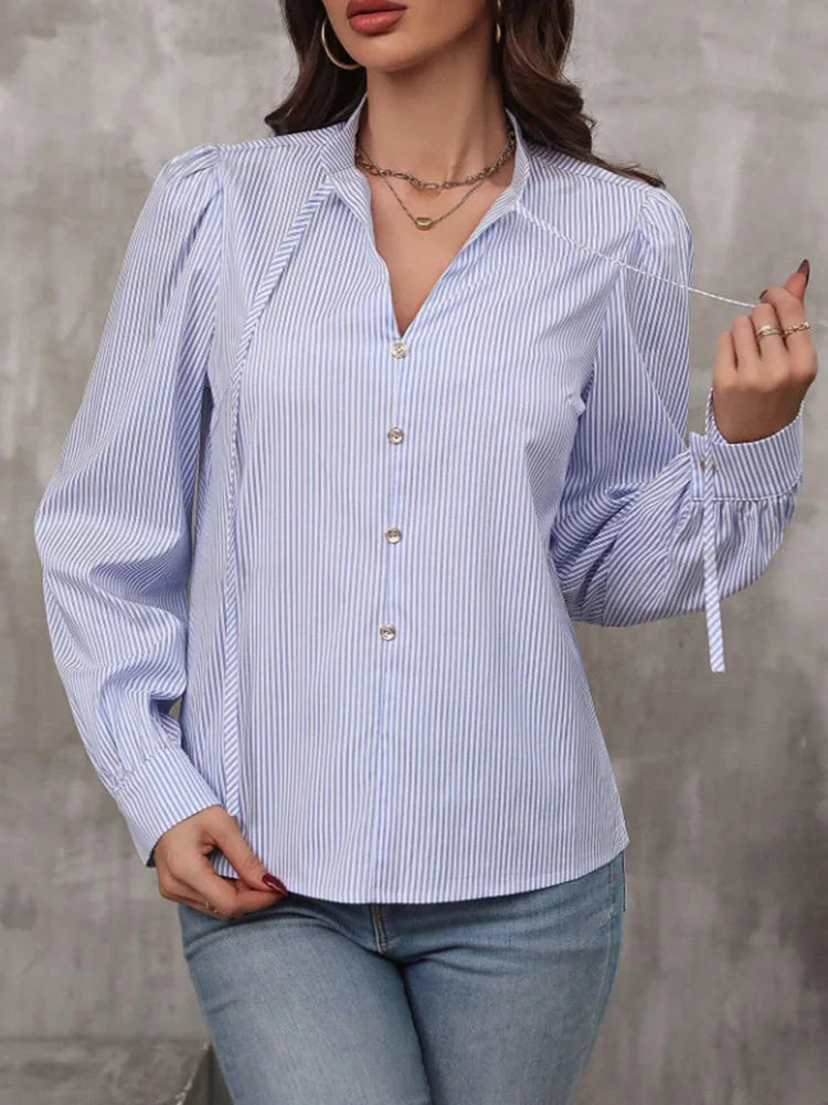 Elegant V-Neck Button-Down Shirt – Women's Long-Sleeve Striped Blouse for Office & Work Wear