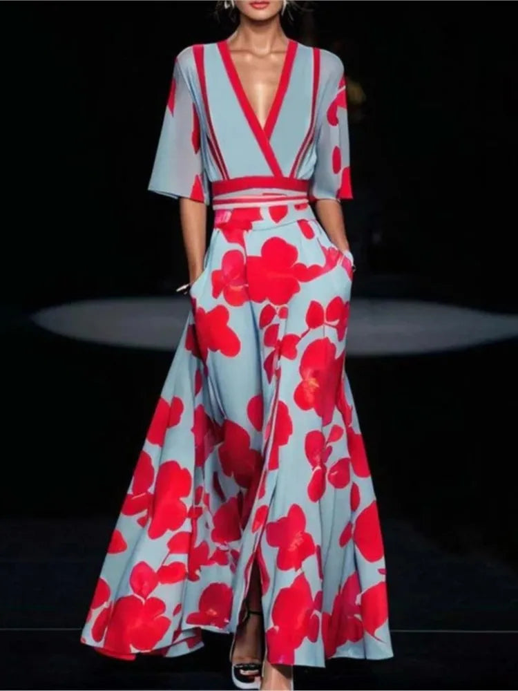 Women’s Printed V-Neck Belted Dress