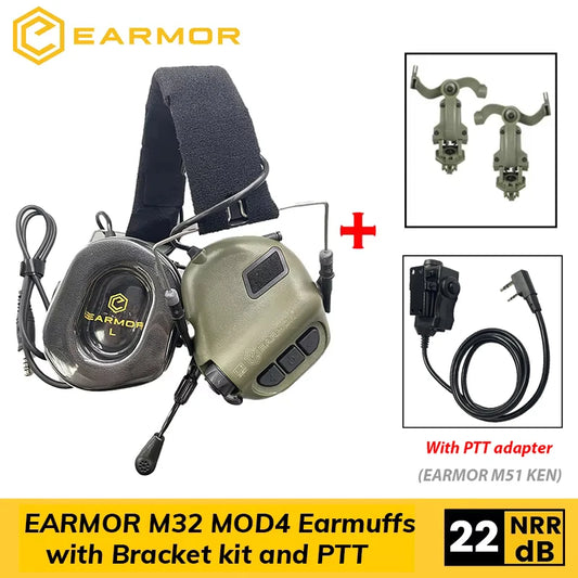 EARMOR M32 MOD4 Tactical Shooting Earmuffs – Noise Reduction Headset with Helmet ARC Rail & Kenwood PTT Adapter