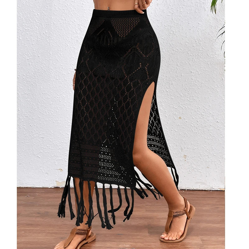 Women’s Knitted Tassel Sarong Skirt - High Slit Bikini Cover-Up