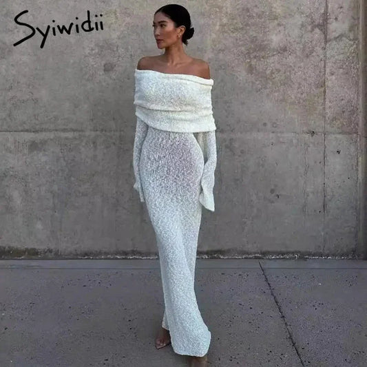 Syiwidii Elegant Off-Shoulder Knit Dress – Long Sleeve Sexy See-Through Evening Dress for Women