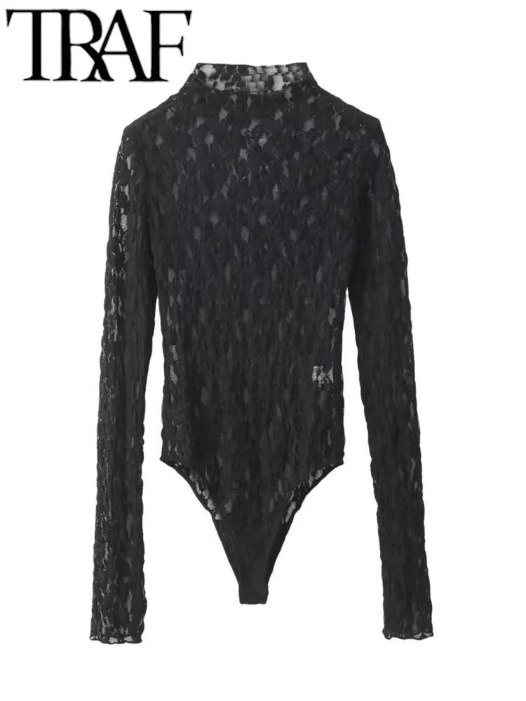 Sexy Sheer Lace Bodysuit – Women's Slim Fit Mock Neck Long-Sleeve Playsuit for Spring 2024