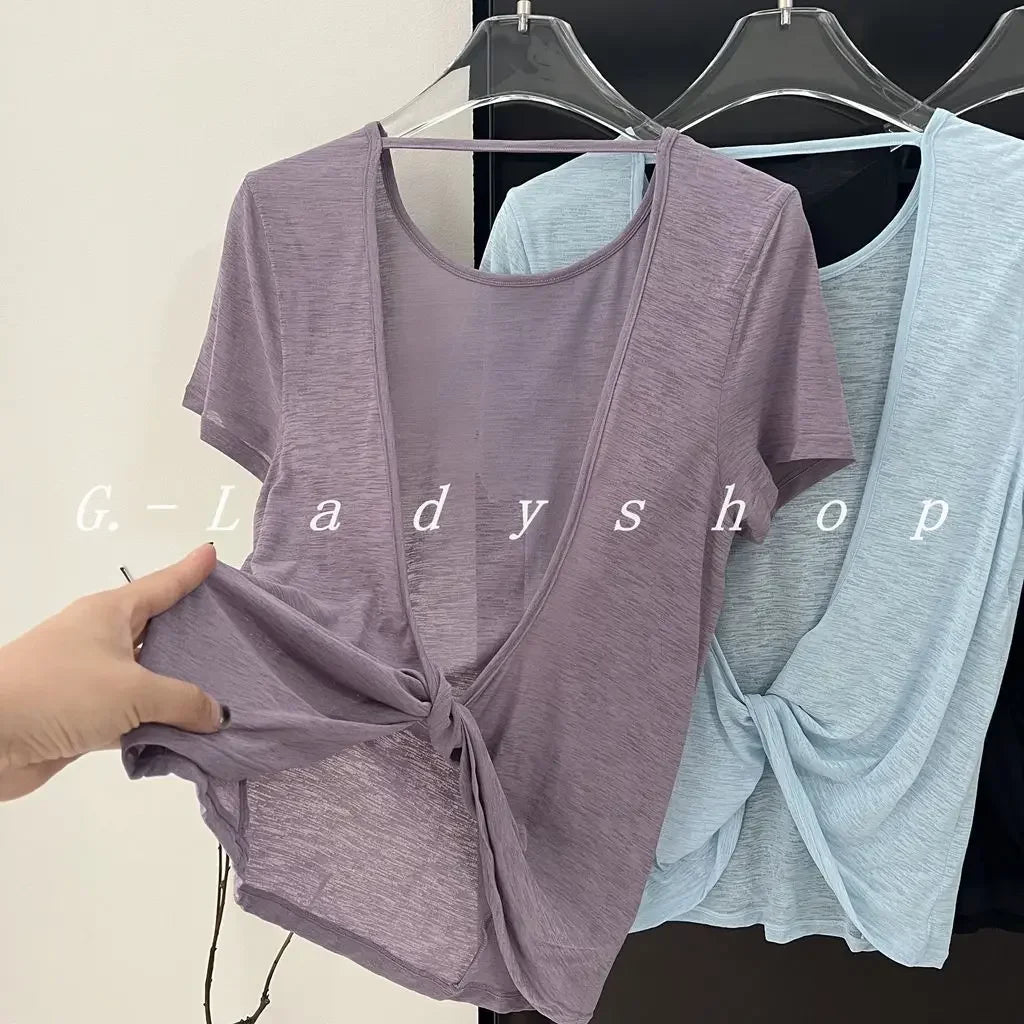Breathable Hollow Out Viewable Bamboo Silk Yoga Top Sun Protection Thin Open-back Sports T-shirt Crew Neck Fitness Wear