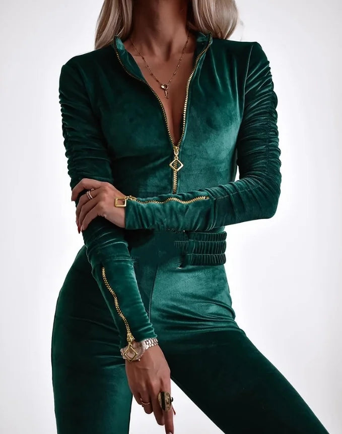 Elegant Velvet Ruched Jumpsuit – Zipper & Waistbelt Design
