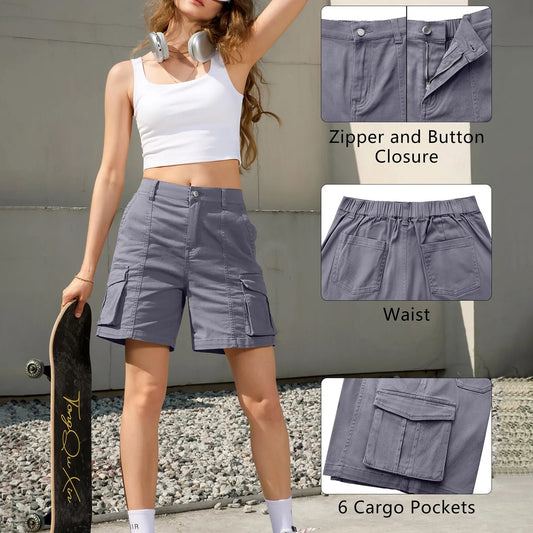 Women Vintage Elastic Low Waist Cargo Shorts with Pockets for Sports