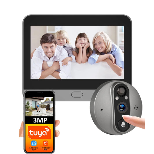 3MP Tuya Smart WiFi Doorbell – 1080P Eye Peephole Camera, PIR Motion Detector, 5000mAh Battery, Alexa & Google Compatible