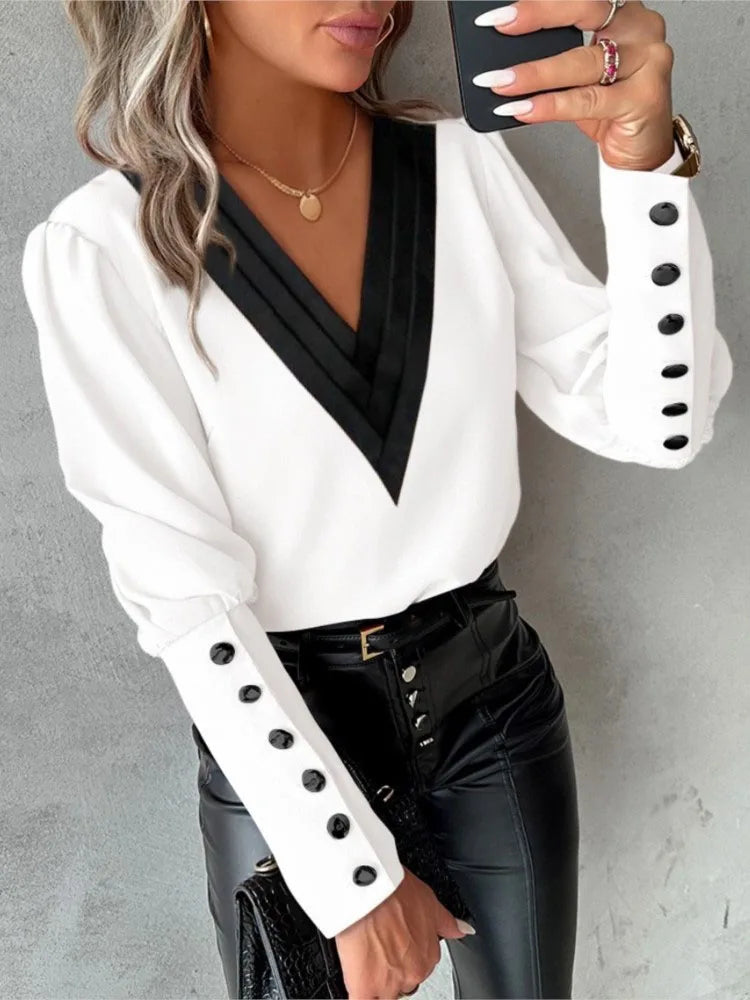 Elegant V-Neck Blouse – Long Sleeve & Casual Fit