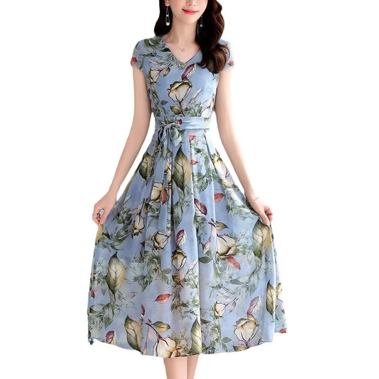 V-Neck Short Sleeve Waist-Fitted Dress – Elegant Slimming Summer Midi Dress for Women