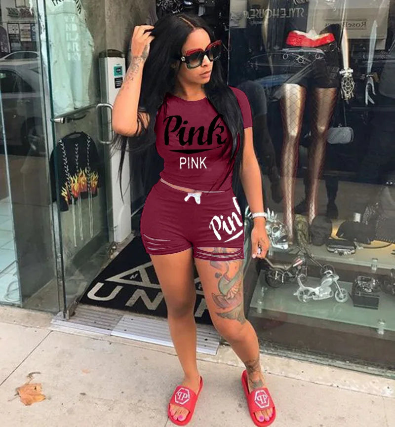 Hot Selling European & American Women's Summer Pink Letter Print Shorts Set