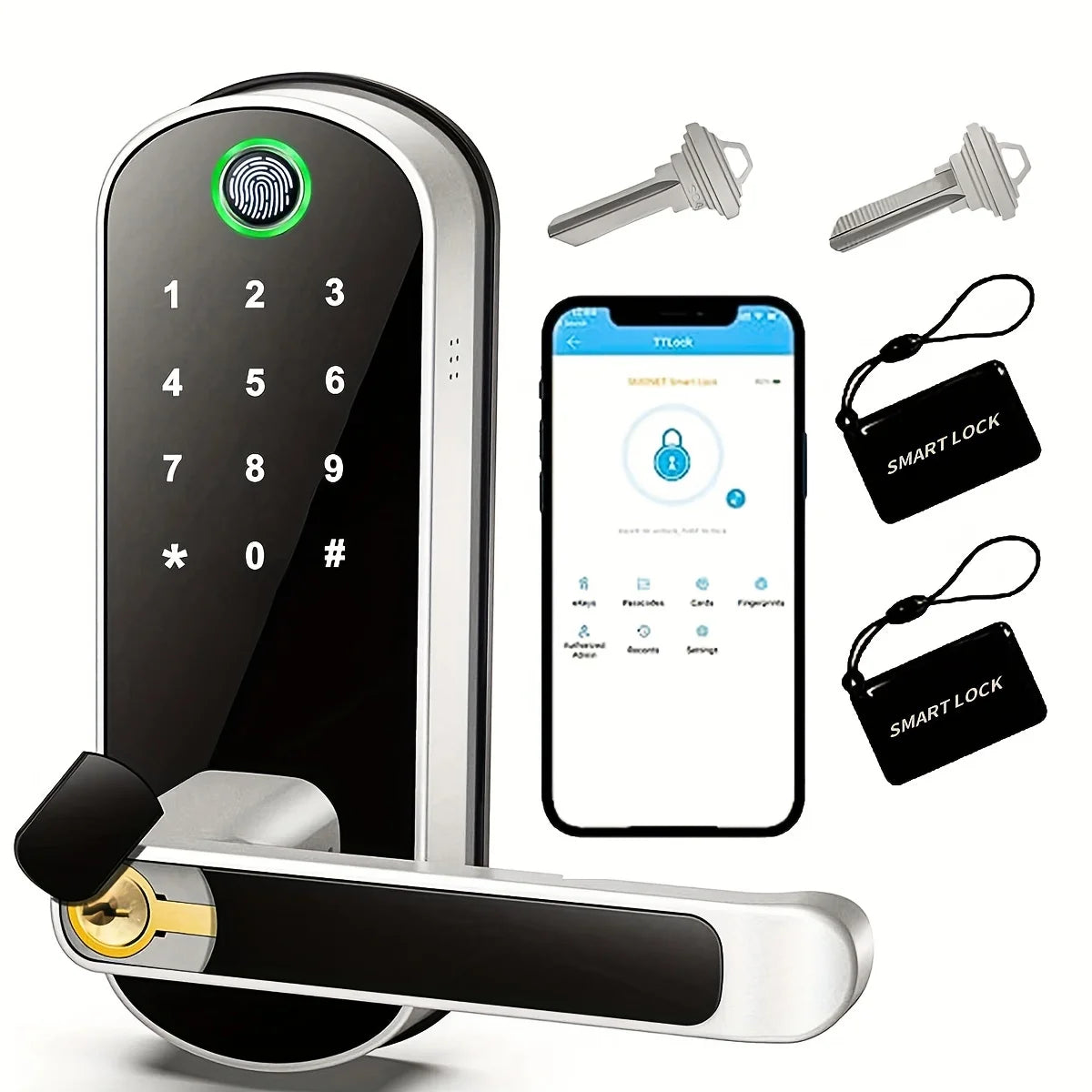 Smart Fingerprint Door Lock | App Remote Control | Keyless WIFI Digital Touchscreen Lock | NFC | IP67 Waterproof | Includes 2 IC Cards