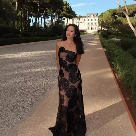 Mingmingxi One-Shoulder Black Mesh Maxi Dress