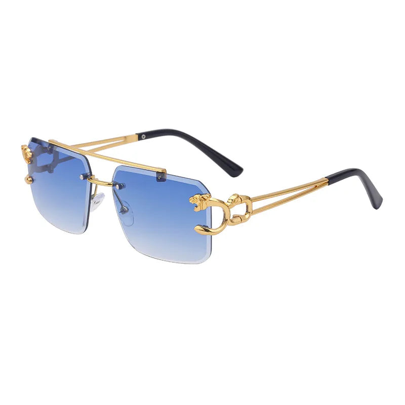 Trendy Leopard Rimless Sunglasses with Double Bridge, Gradient Lenses & UV400 Protection
