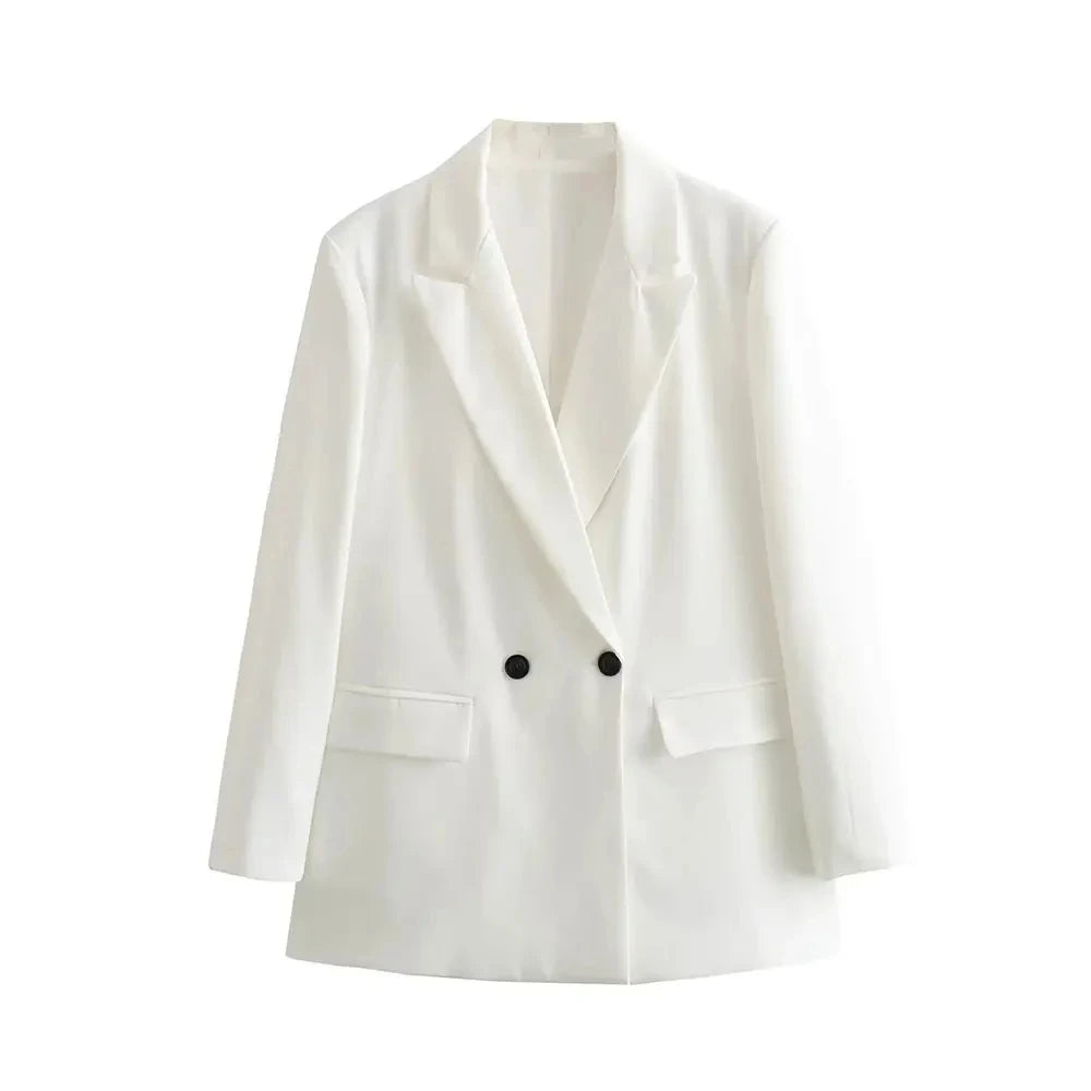Chic Double-Breasted Blazer Coat – Women's Loose-Fit Long Sleeve Vintage Outerwear with Pockets