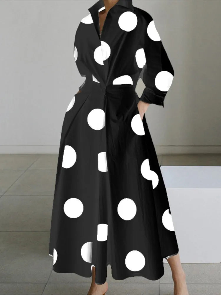 Autumn Long Sleeve Dot Print Maxi Dress – Elegant V-Neck Shirt Party Dress for Women