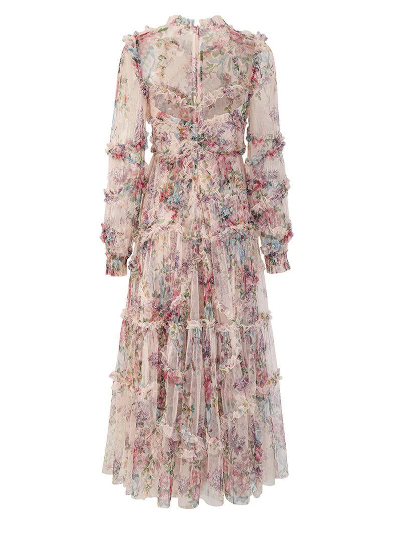 Elegant Lace Floral Prom Dress – Pleated Long Sleeve Gala Evening Dress for Women