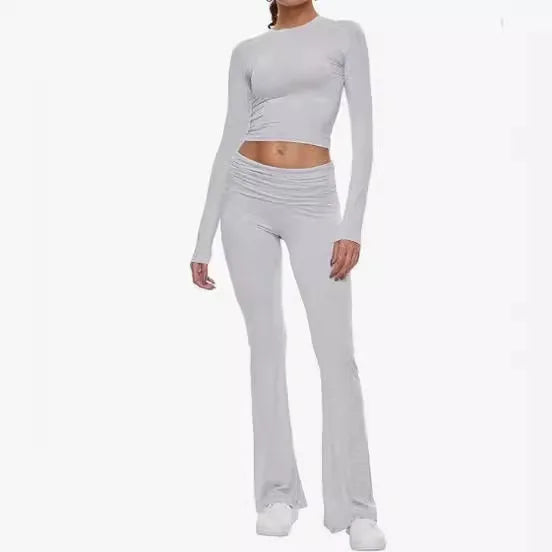 2024 Women’s 2-Piece Set - Round Neck Short Top & Low Waist Flare Pants