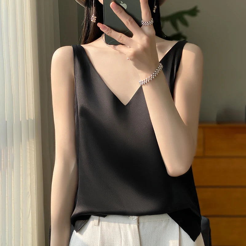 Silk Satin V-Neck Camisole – Sleeveless & Elegant Crop Top